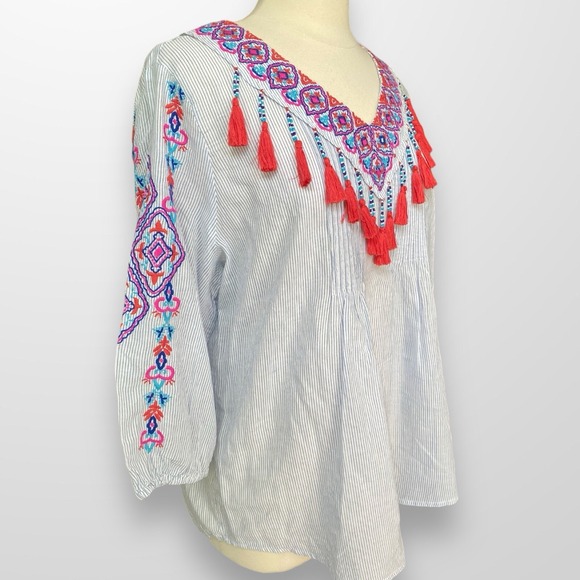 Chico's‎ Size 2 Large Top Tunic Blouse Embroidered Beaded Tassels Pleated 3/4 Sl - Picture 2 of 7